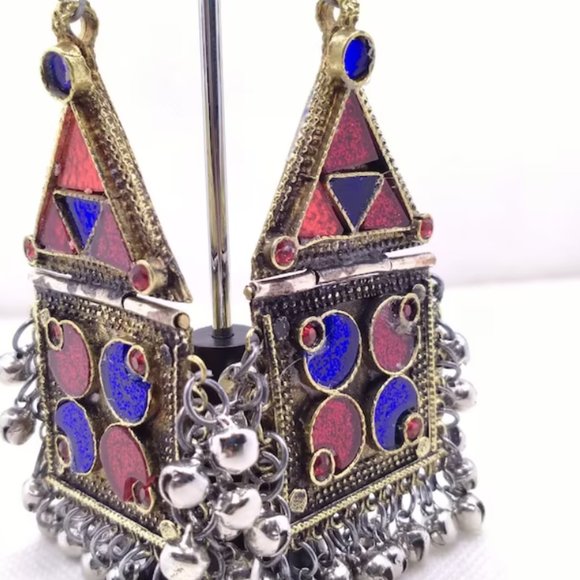 Tribal Dangle Earrings With Bells, Kuchi Vintage Massive Red and Blue GlassStone - Picture 5 of 6